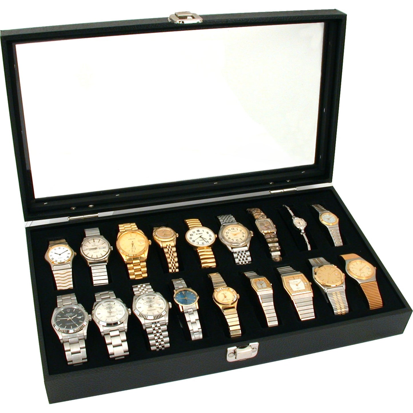 Black Snap Lid Case W/ 18 Slot Insert & Glass Top Watch Bracelet Case Kit 3 Pcs