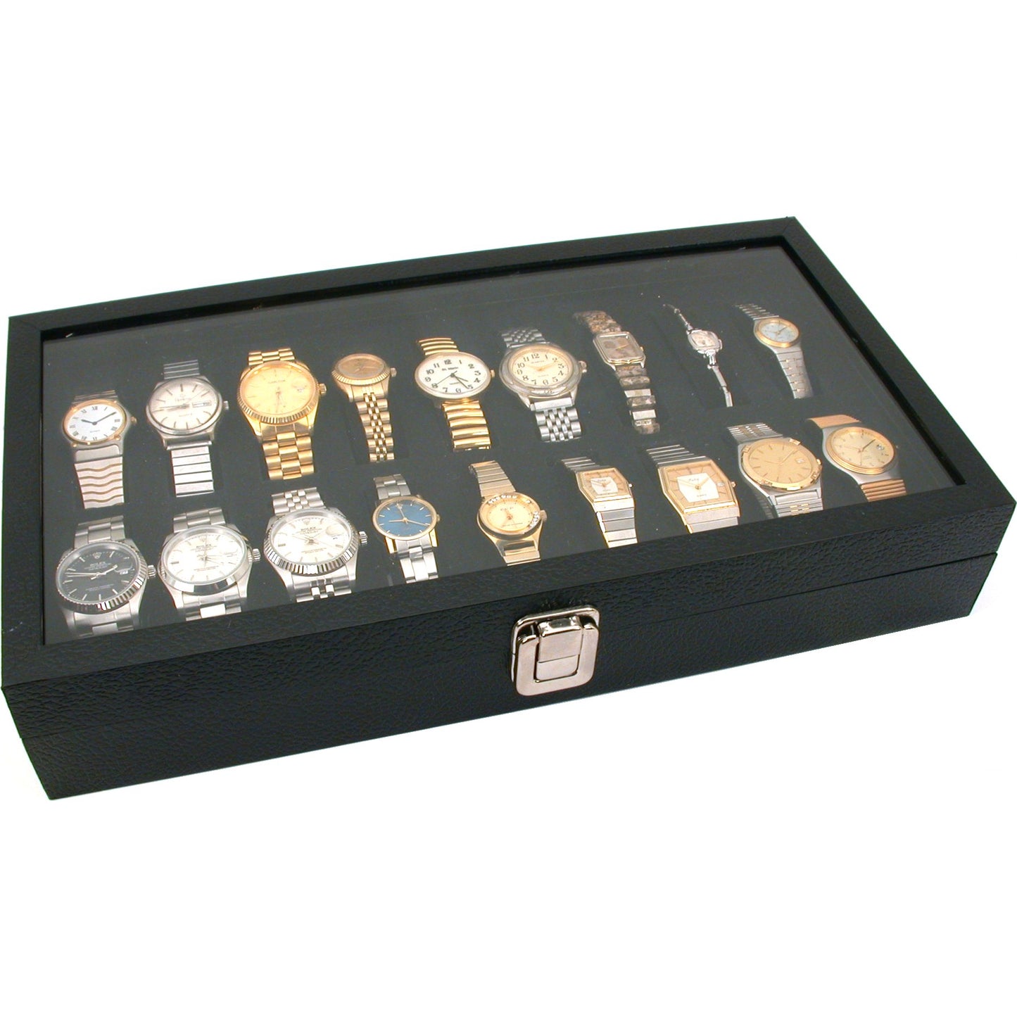 Black Snap Lid Case W/ 18 Slot Insert & Glass Top Watch Bracelet Case Kit 3 Pcs