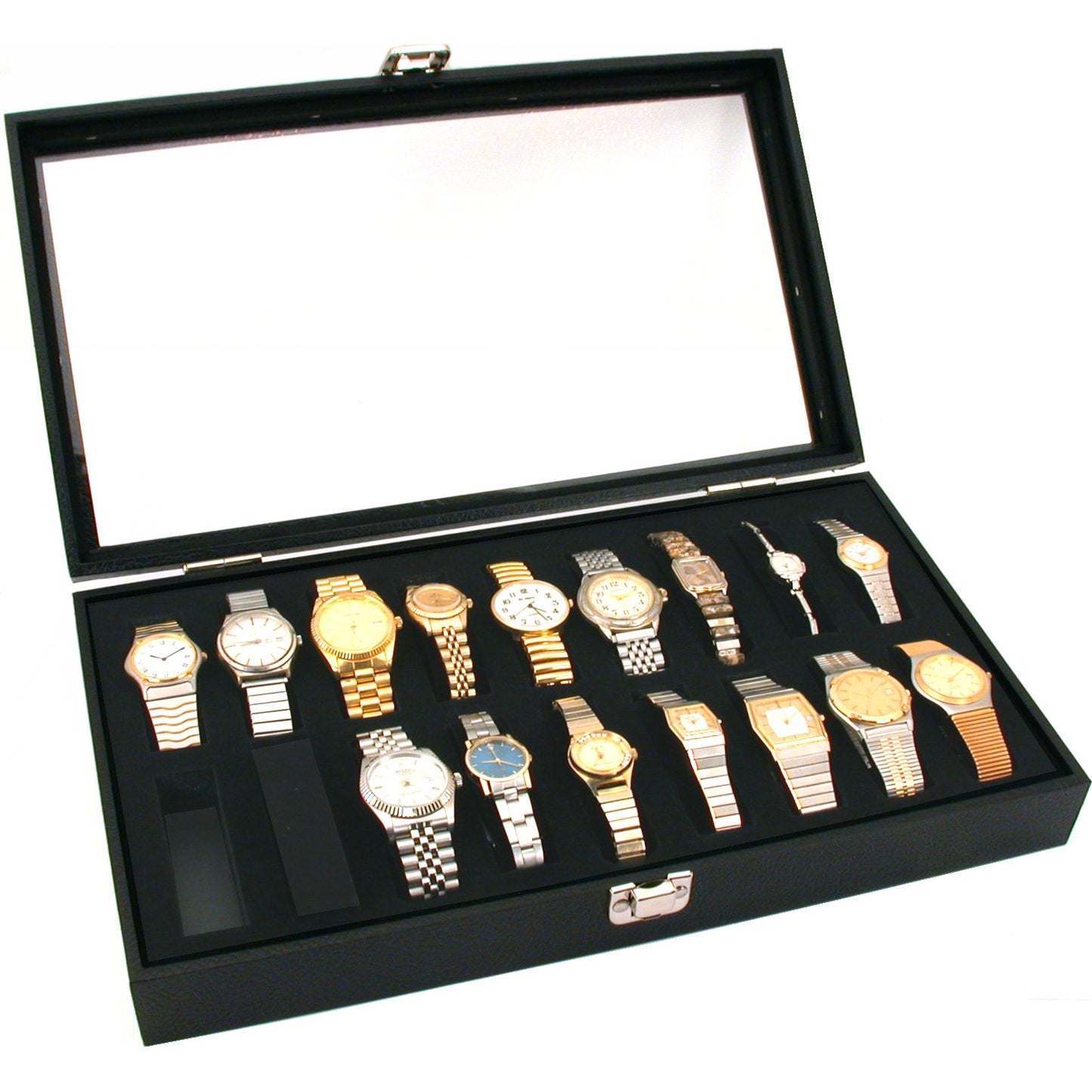 Black Snap Lid Case W/ 18 Slot Insert & Glass Top Watch Bracelet Case Kit 3 Pcs