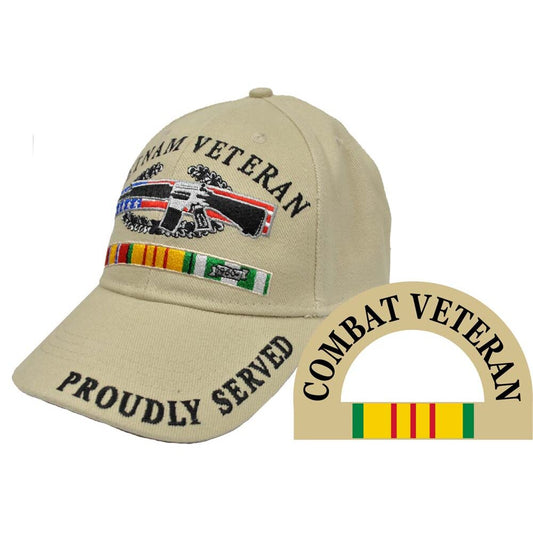 CP00536 Khaki US Vietnam Combat Veteran "Proudly Served" Embroidered Cap w/ Logo