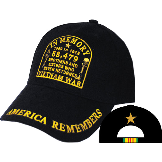 CP00538 Black Vietnam War "In Memory; America Remembers" Embroidered Cap