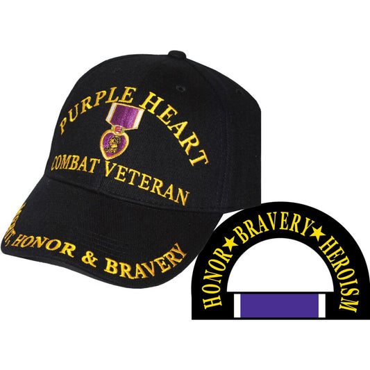 CP00601 Black Combat Veteran Purple Heart Logo "Heroism, Honor, & Bravery" Cap