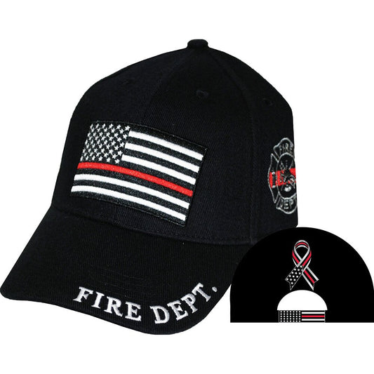 CP01703 Black Fire Department American Flag w/ Single Red Line Embroidered Cap