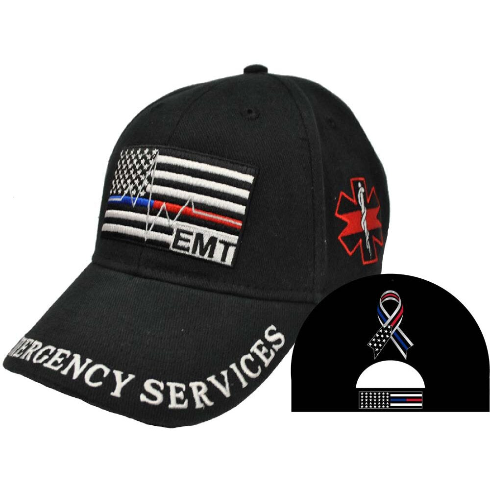 CP01715 Black E.M.T. Flag w/ Red & Blue Heartbeat Logo Embroidered Cap