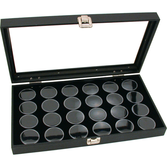 Glass Top Jewelry Display Case Box Black 24 Gem Jars