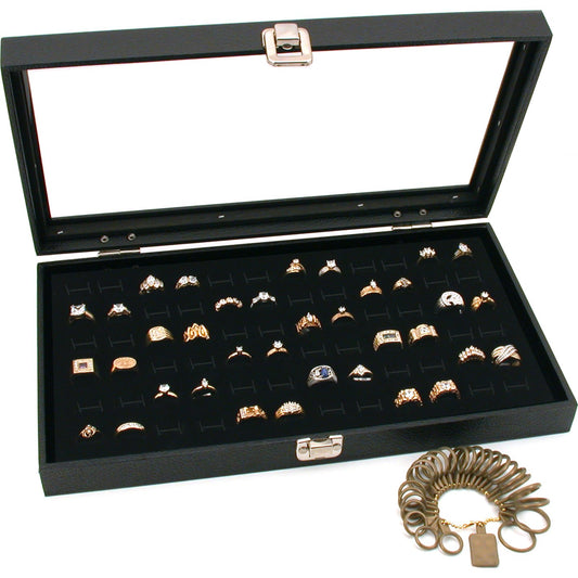 Black Glass Top Jewelry Display 72 Ring Case Box Bonus