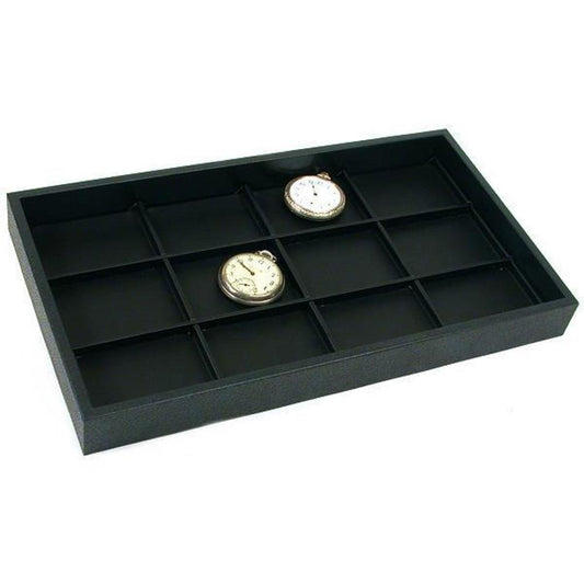 12 Pocket Watch Jewelry Black Leather Display Tray Case