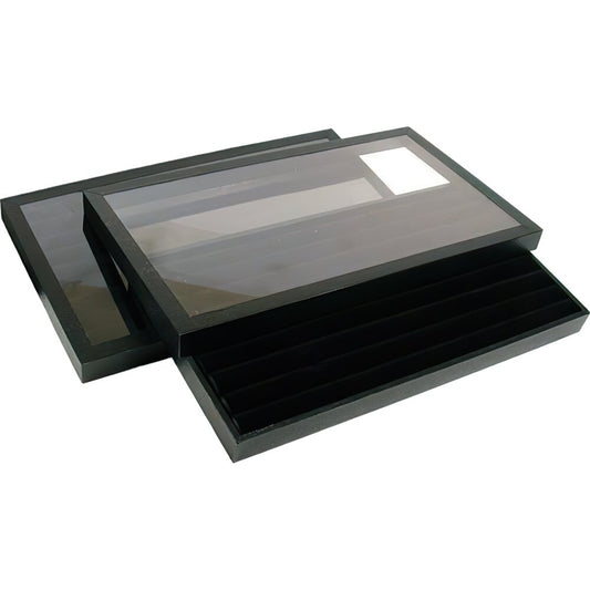 2 Black Velvet Ring Display & Acrylic Lid Travel Tray