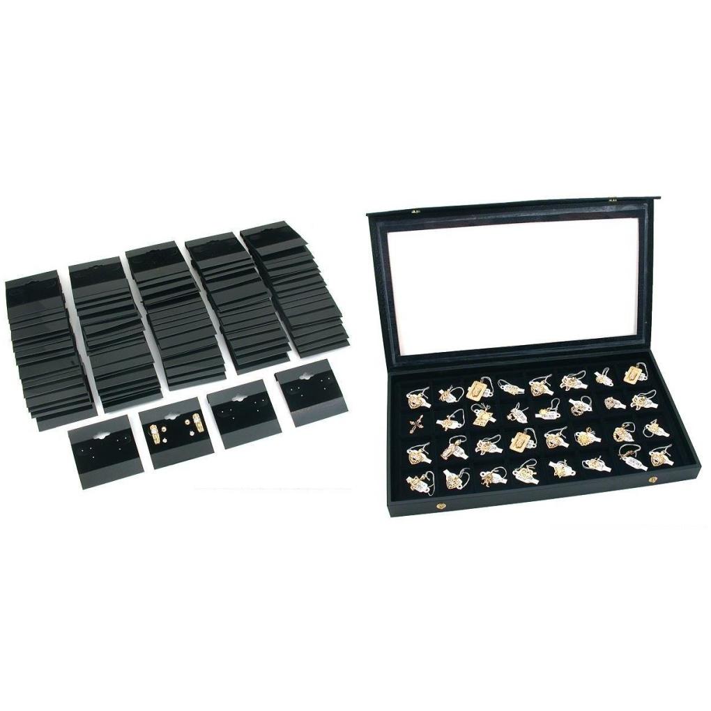 Black Earring Cards & Faux Leather Display Case w/ 32 Slot Insert Kit 102 Pcs