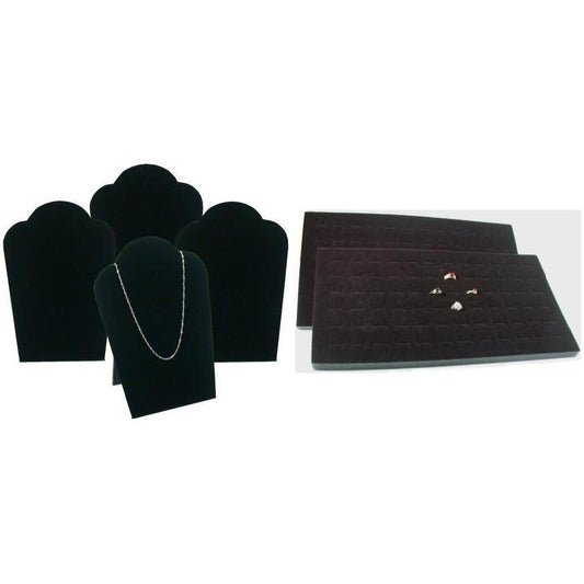 Black Foam Ring Display Tray Inserts & Padded Velvet Necklace Easels Kit 6 Pcs